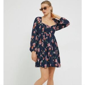 Abercrombie & Fitch Floral Long Sleeve Mini Dress Navy Pink XS Baby Doll